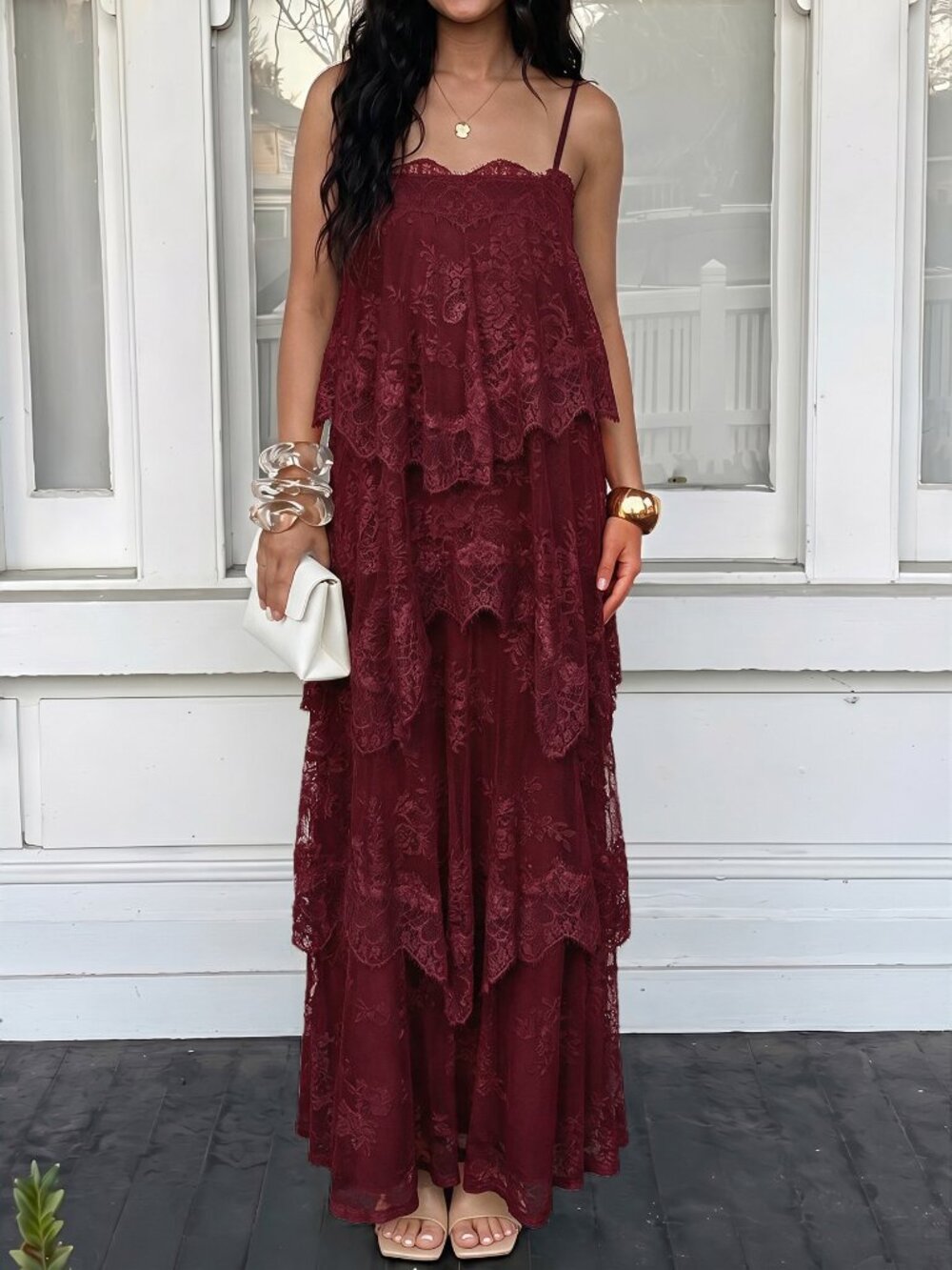 Burgundy Women's Chiffon Lace Spaghetti Strap Tiered Maxi Dress